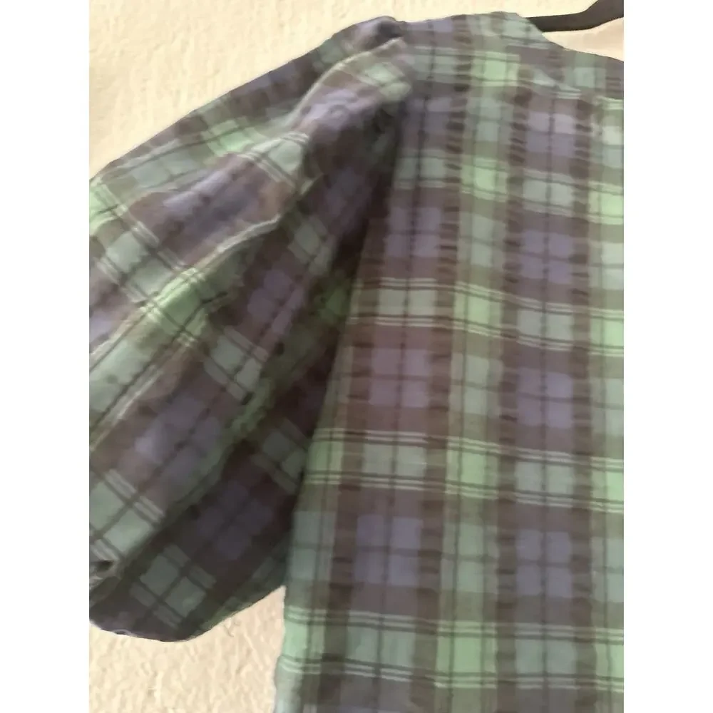 Loft Plaid Textured Tartan Green Blue Puff Short Sleeve Blouse V-Neck Sz Medium